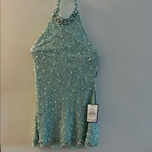 Adrianna Papell Eve Beaded Halter Swing Dress Fresh Mint
